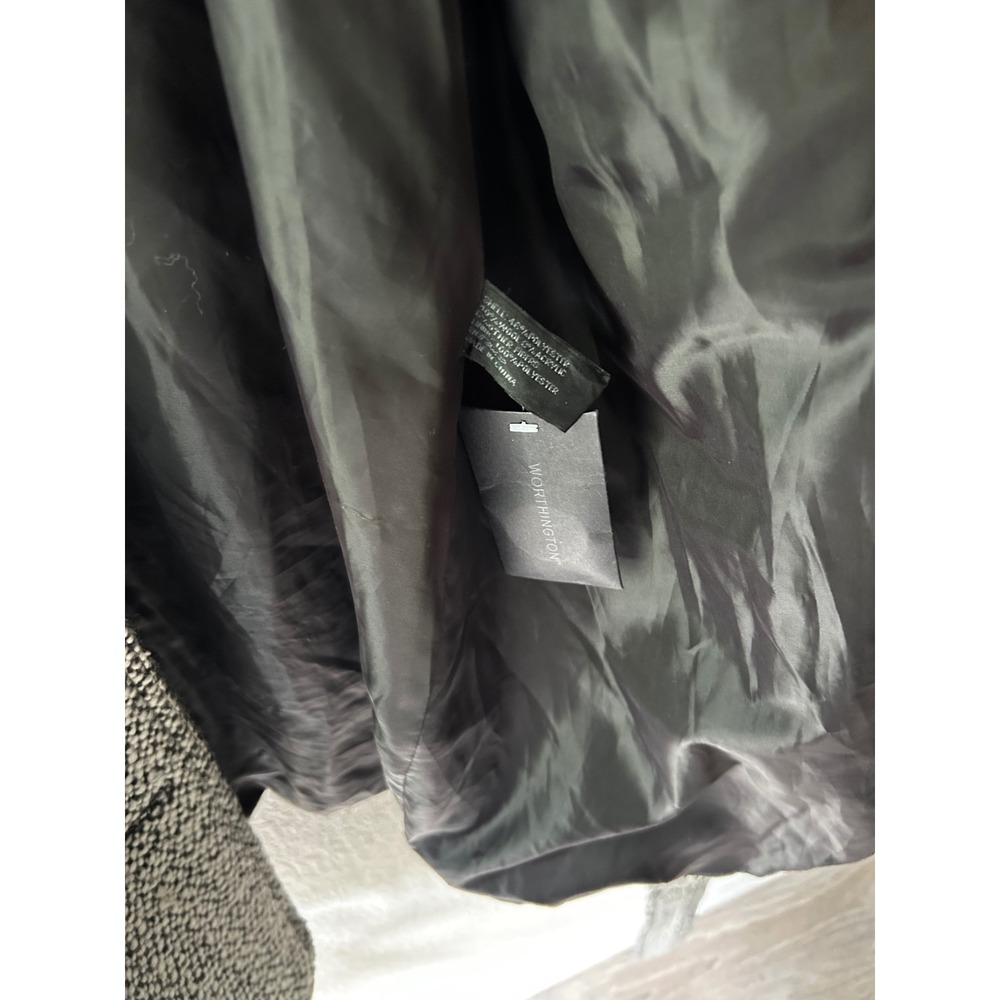 Worthington Womens 1X Black White Boucle Funnel Neck Belted Trench Coat Jacket - Picture 12 of 15
